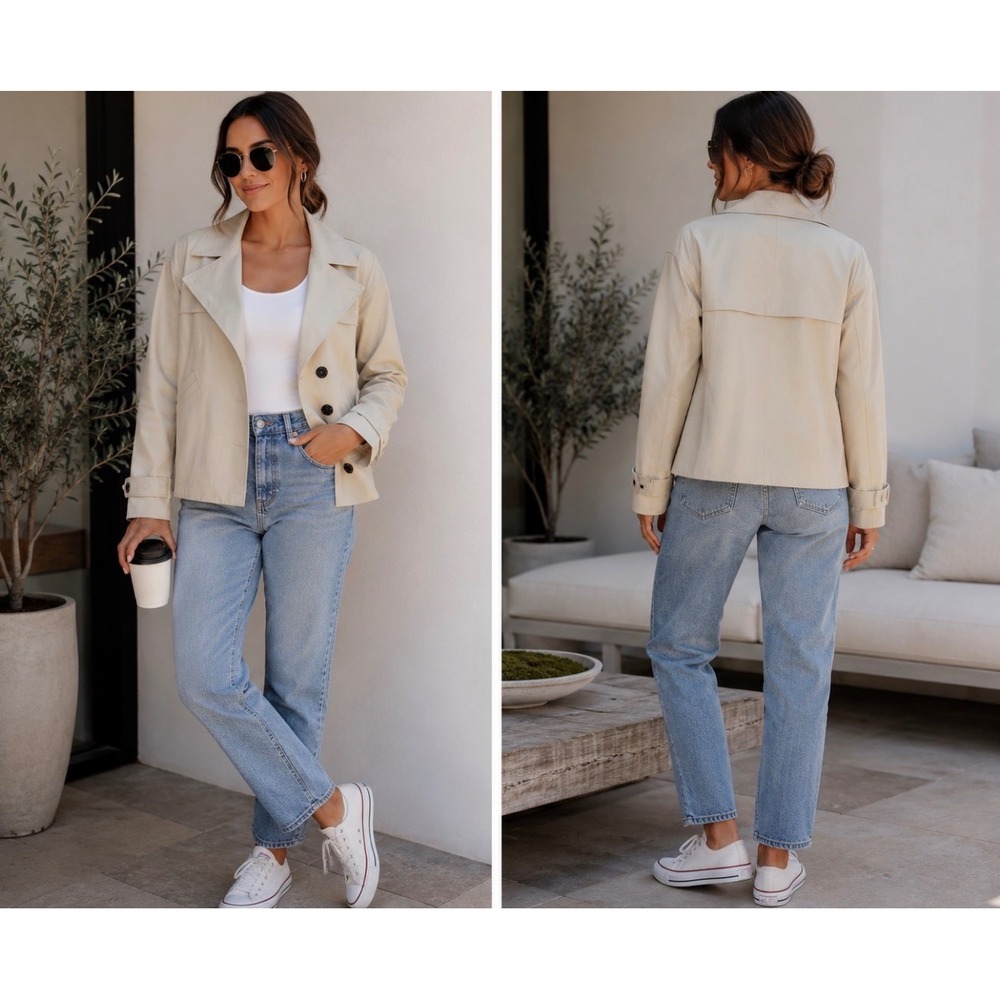 Aether Apparel Womens XS Beige Crop Trench Jacket Cotton Blend WO1566 Sand